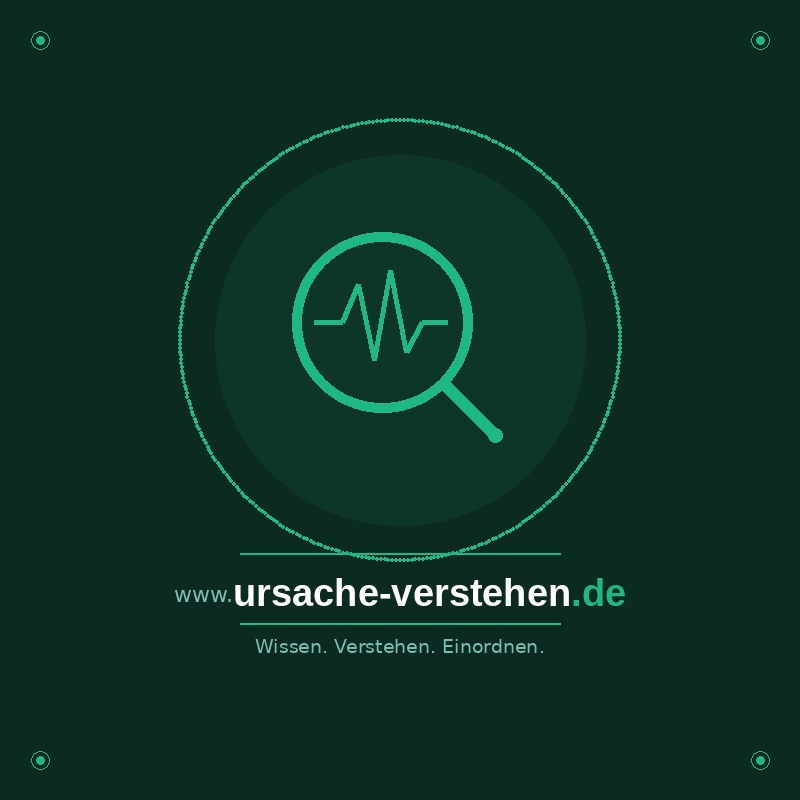 Grünes Emblem mit Lupe und Herzfrequenz-Symbol, Website ursache-verstehen.de, Tagline Wissen Verstehen Einordnen