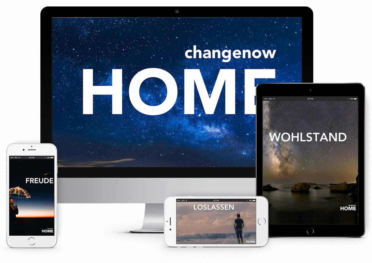 HOME – Geführte Trance-Audios für Trance & Meditation von André Loibl 6 changenow HOME Mockup auf Geräten: Desktop, Laptop, iPad und Smartphone
