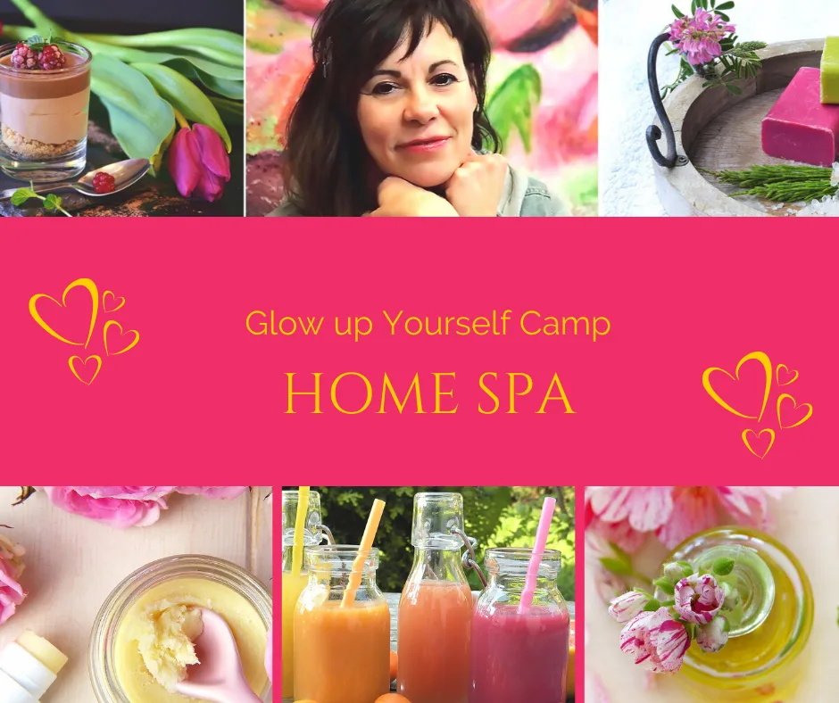 Hero-Banner Home Spa Glow up Yourself Camp mit Wellness-Bildern und goldenem Herz-Design