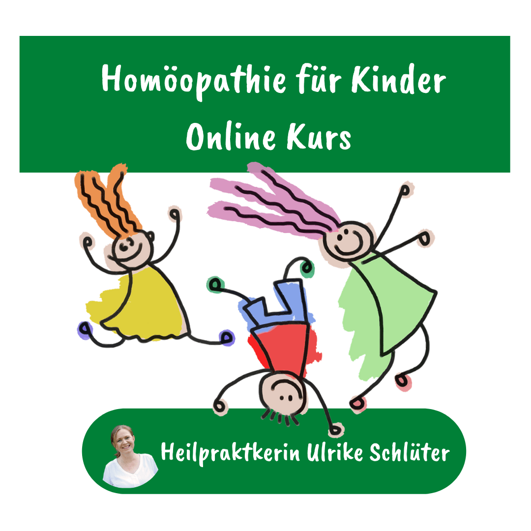 Werbegrafik für Online Kurs Homöopathie für Kinder mit bunten Cartoon-Kindern und Heilpraktikerin Ulrike Schlüter