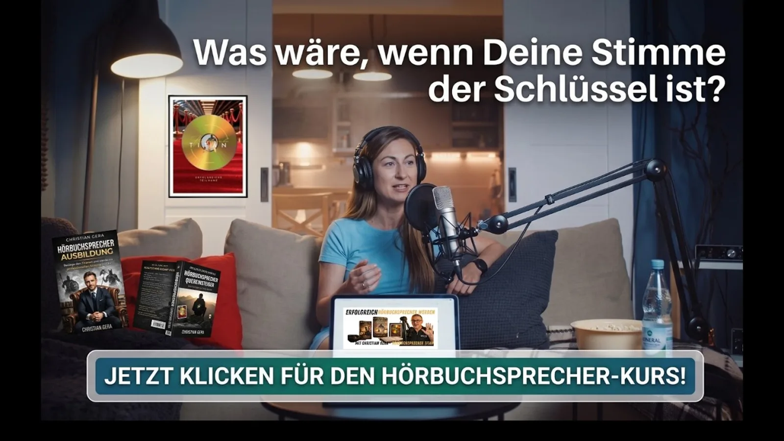 Hörbuchsprecher Ausbildung – Videokurs zum Stimmtraining 7 Frau spricht ins Studiomikrofon mit Text Was wäre wenn Deine Stimme der Schlüssel ist