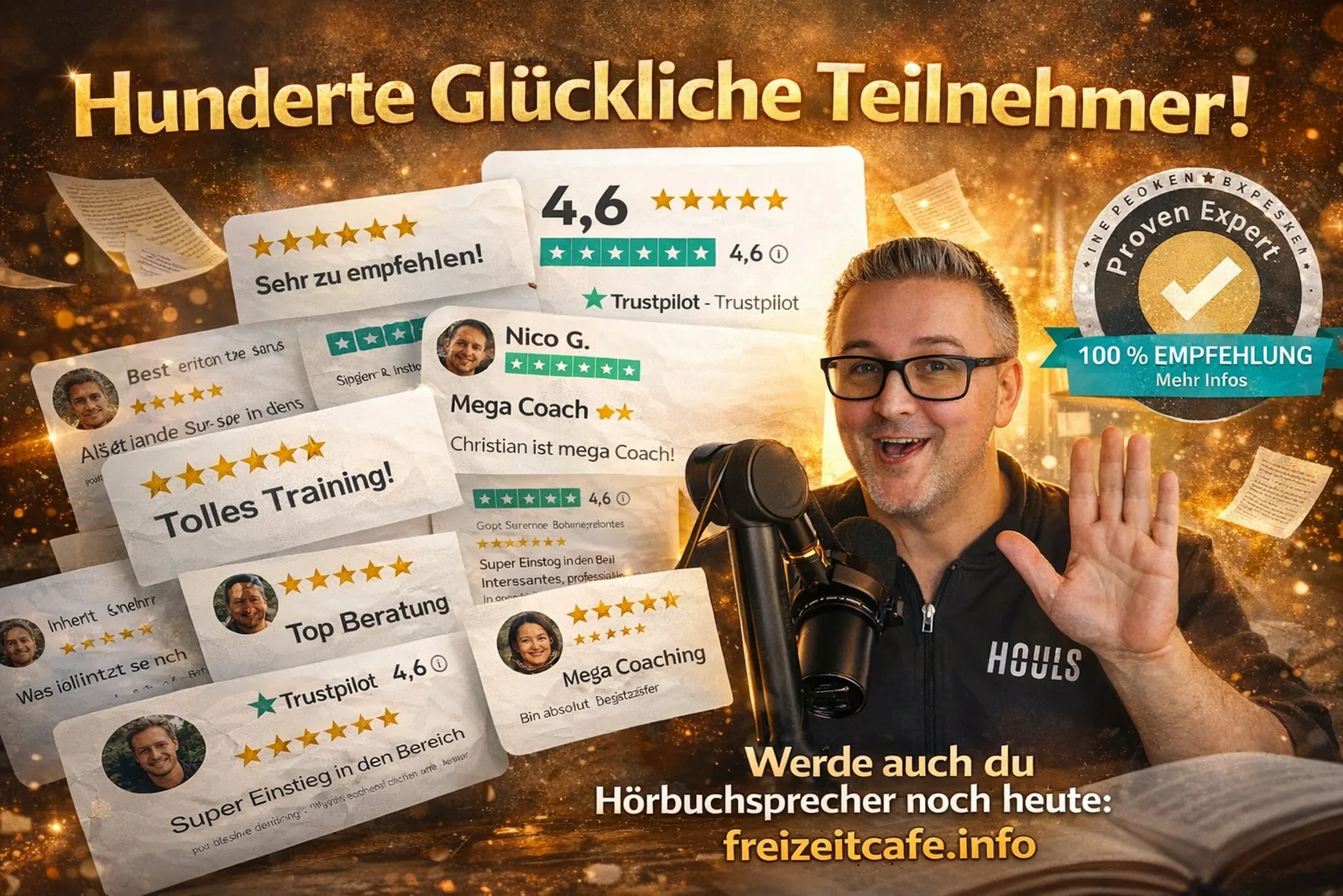 Hörbuchsprecher Ausbildung – Videokurs zum Stimmtraining 14 Christian Gera winkt vor Bewertungen und Text "Hunderte Glückliche Teilnehmer!", "Werde auch du Hörbuchsprecher noch heute: freizeitcafe.info".