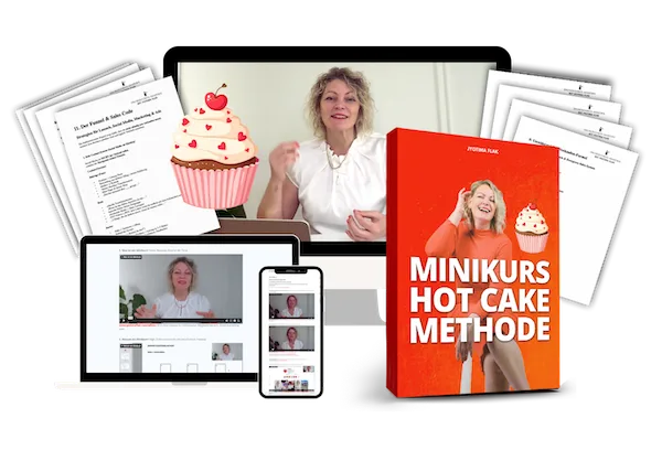 Hot Cake Methode – Videokurs zu Minikurs-Verkauf 7 Mockup zeigt Minikurs Hot Cake Methode auf Devices, Workbook und Videotraining