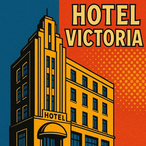 Hotel Victoria – Tango-Musiktitel zum Download von Movidamente S.A. 2 Hotel Victoria Pop-Art Musiktitel Cover mit gelbem Hochhaus auf blau-orangem Hintergrund