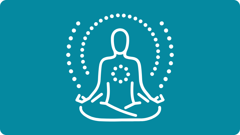 Hui Chun Gong Online-Kurs Verjüngung Pur von Waltraud Bogdanski 6 Figur in Lotusposition mit Energiekreis und Chakra-Symbol auf türkisem Hintergrund
