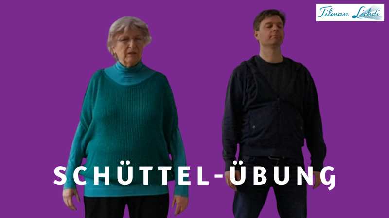 Hui Chun Gong Online-Kurs Verjüngung Pur von Waltraud Bogdanski 9 Waltraud Bogdanski und männlicher Trainer in Sportkleidung auf violettem Hintergrund mit Text Schüttel-Übung