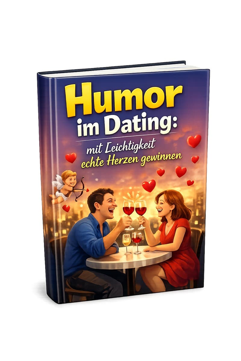 Cover des E-Books Humor im Dating mit Paar beim romantischen Abendessen, rote Herzen und Cupid-Figur