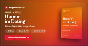 Hero-Banner für Humor im Dating Ratgeber mit orangenem Farbverlauf, Buch-Mockup und Call-to-Action Button