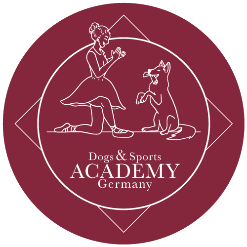 Dogs & Sports Academy Germany Logo mit Frau und Hund in Kreis- und Rautenform, Weinrot