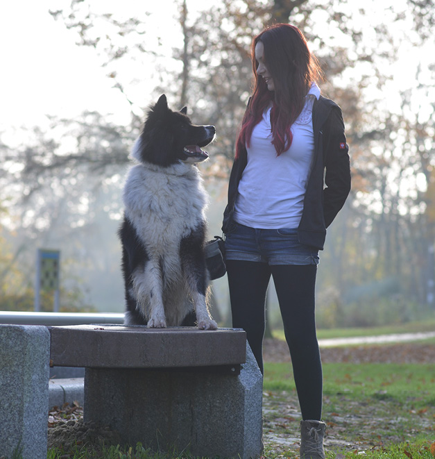 Frau mit schwarzweißem Hund im Park, Platzhalter für Video-Content