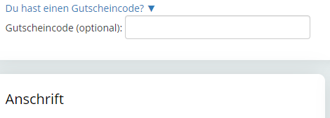 Screenshot Gutscheincode-Eingabefeld mit Adressformular