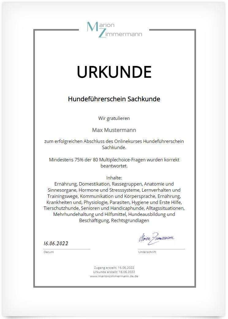 Offizielle Urkunde für Hundeführerschein Sachkunde von Marion Zimmermann