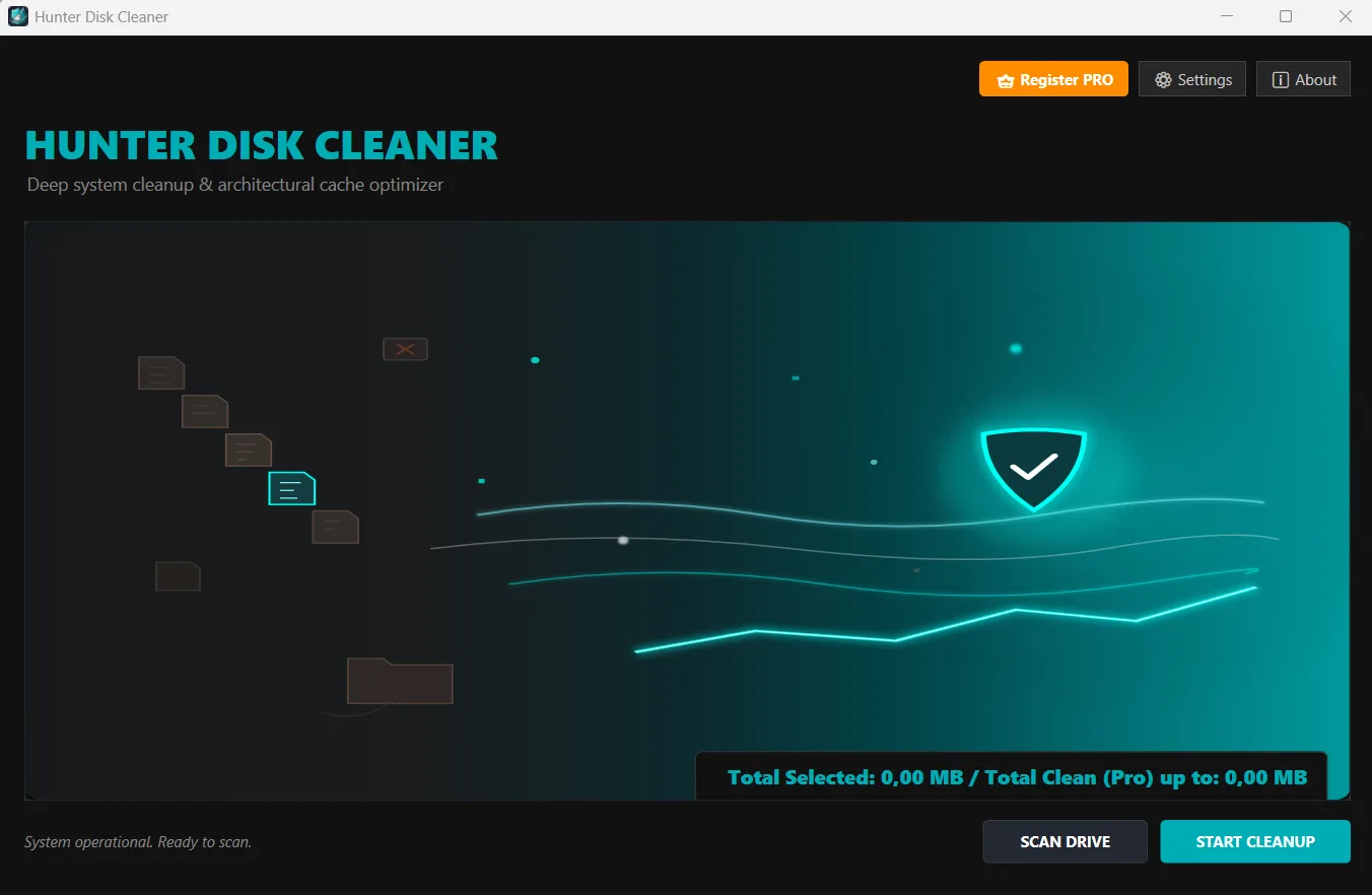 Hunter Disk Cleaner Hauptdashboard mit Schutzschild-Symbol und Willkommensbildschirm