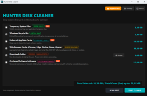 Hunter Disk Cleaner Scan-Ergebnisse mit detaillierten Speicherbereichen und Größenangaben