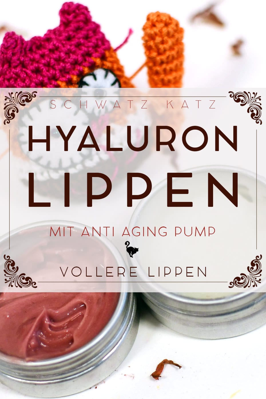 Hyaluron Lippenpflege »Oh là là« – Rezept-E-Book zum Selbstrühren 2 Hero-Bild mit Hyaluron Lippenpflege und farbigen Kokosblüten, Schwatz Katz Branding