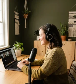 Frau mit Kopfhörern und Mikrofon bei der Audio-Produktion am Laptop in grünem Studiozimmer