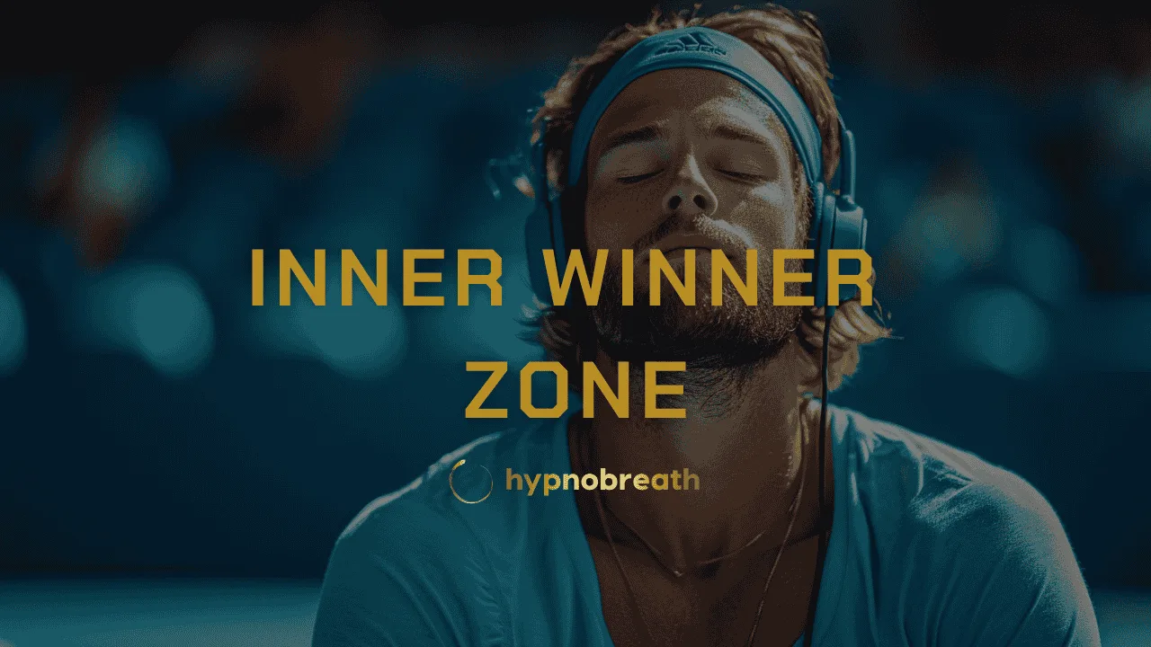 Mann mit Kopfhörern und blauem Stirnband mit Text Inner Winner Zone
