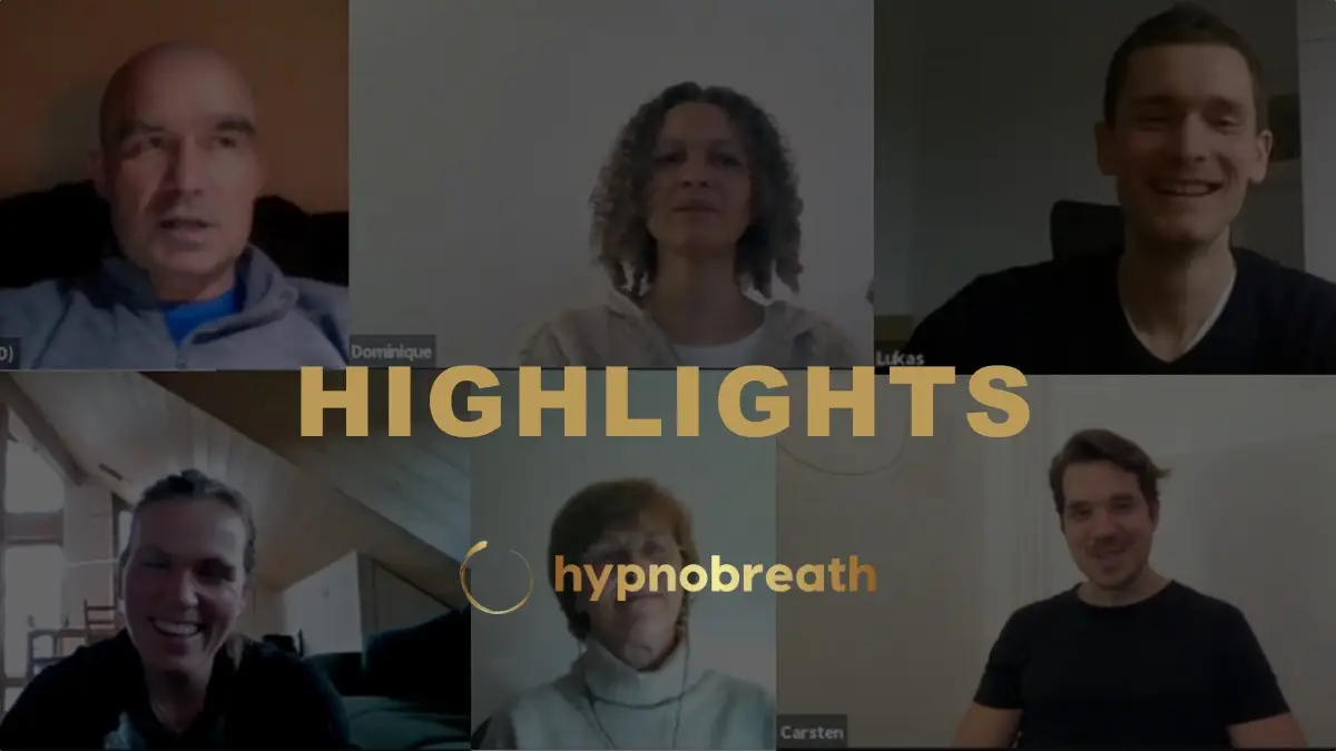 Hypnobreath Kundenmeinungen Montage mit sechs lächelnden Testimonial-Gebern