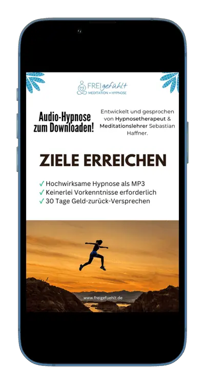 Smartphone-Mockup Hypnose-Kurs Ziele erreichen mit Sonnenuntergang