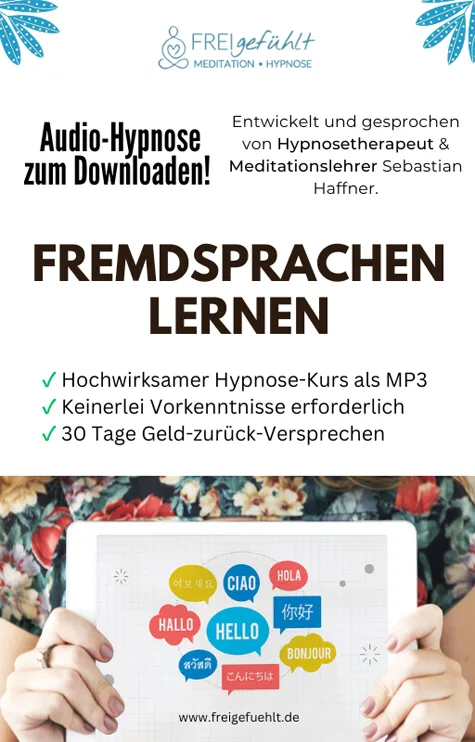 Produktabbildung Hypnose-Kurs Fremdsprachen lernen mit Sprechblasen in verschiedenen Sprachen