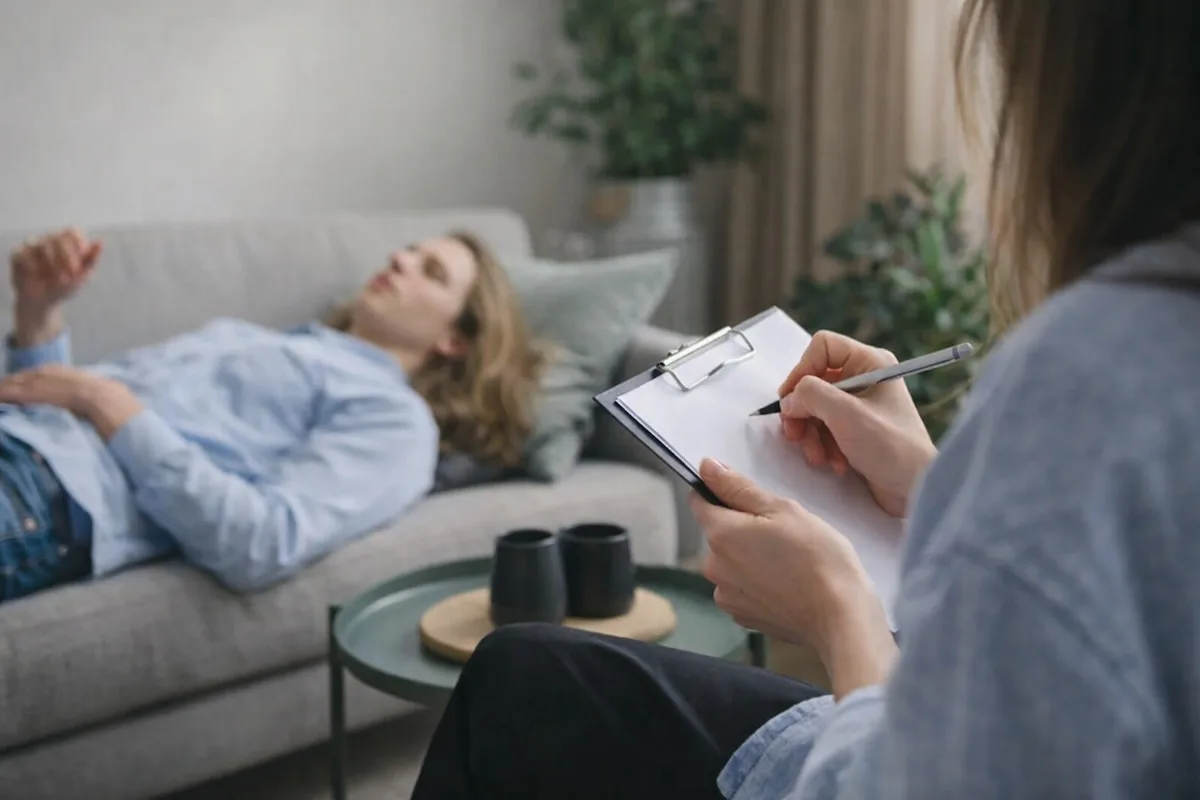 Therapeut schreibt Notizen während Klient auf Sofa entspannt liegt