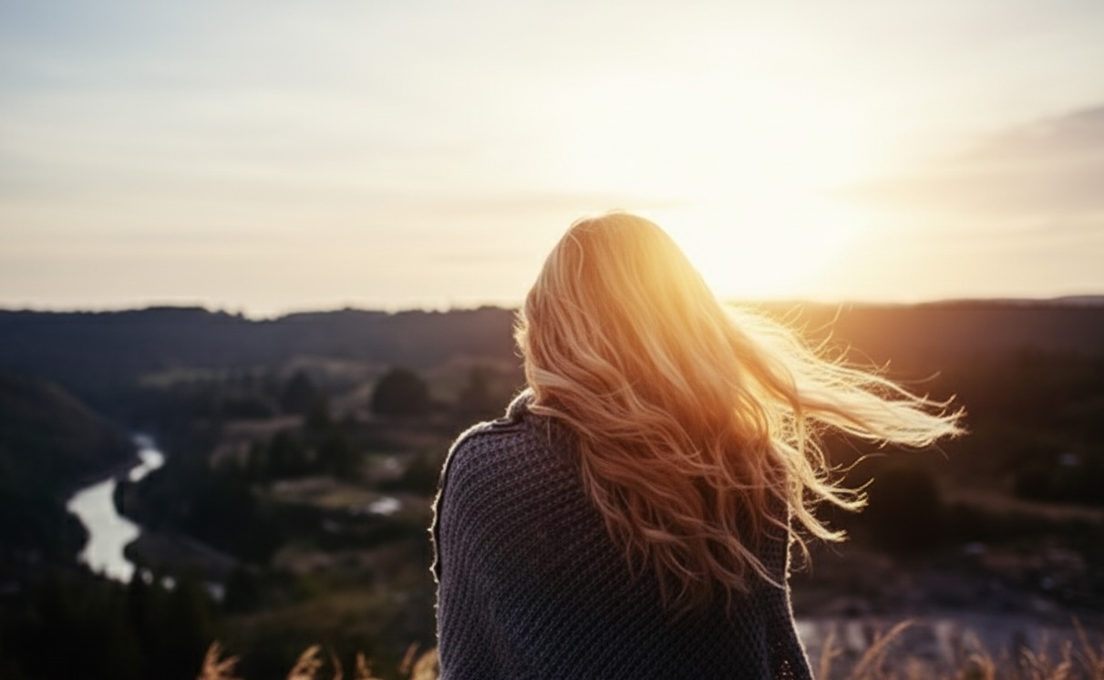 Frau mit goldenen Haaren blickt in Sonnenuntergang, innere Ruhe und Klarheit