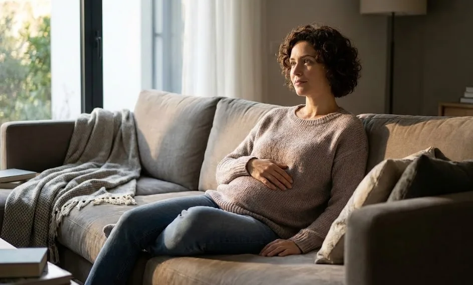 Schwangere Frau auf Sofa schaut nachdenklich, symbolisiert Reizdarm-Beschwerden
