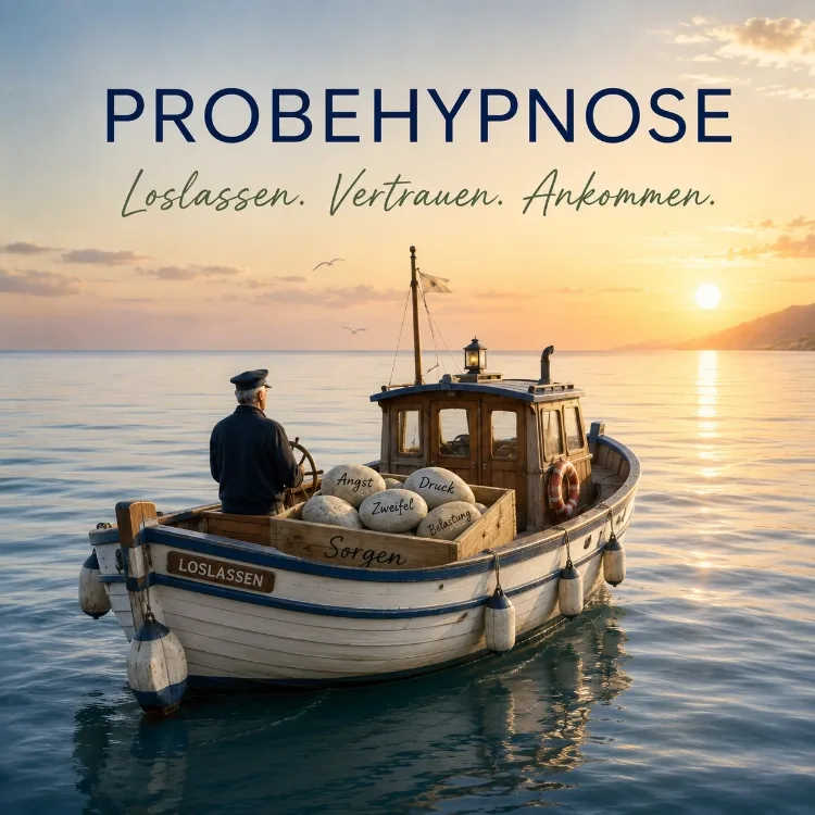 Probehypnose Hero-Bild mit Boot im Sonnenuntergang und Angst-, Druck-, Sorgen-Steinen