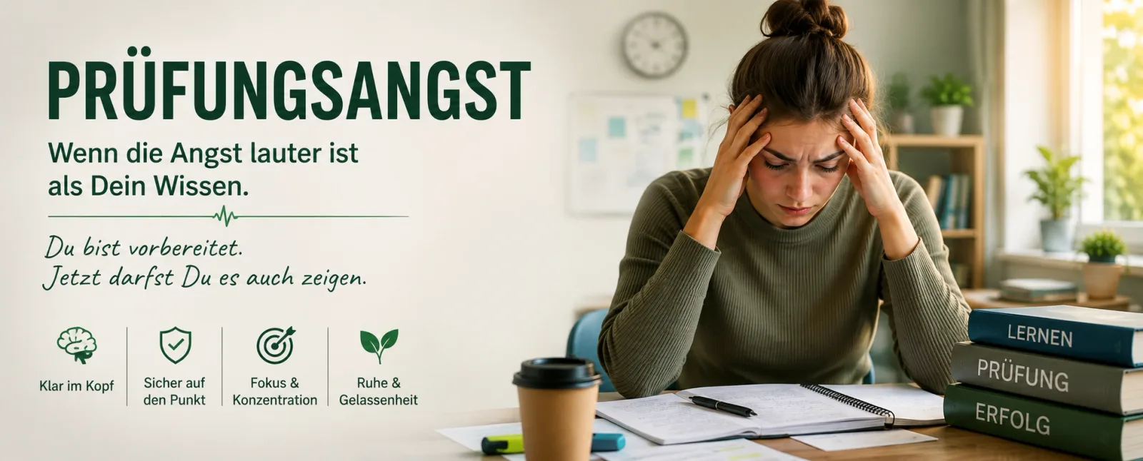 Header-Grafik zum Thema Prüfungsangst mit Schülerin am Schreibtisch und vier Lösungsansätzen