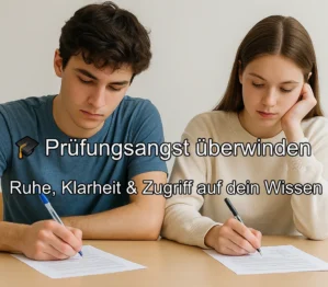 Zwei Schüler beim konzentrierten Schreiben einer Prüfung mit Motivations-Text