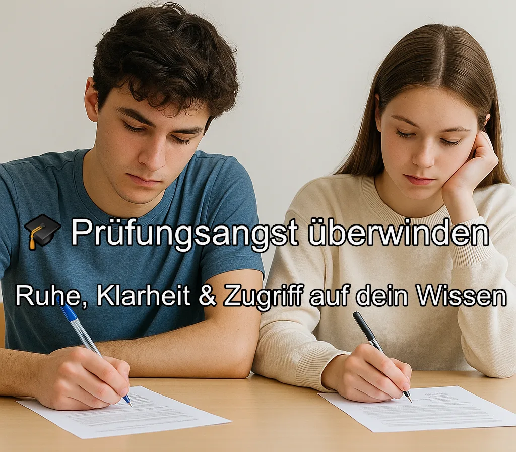 Zwei Schüler beim konzentrierten Schreiben einer Prüfung mit Motivations-Text