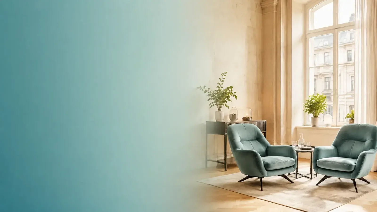 Modernes Therapie-Wohnzimmer mit grünen Sesseln, Pflanzen und großen Fenstern