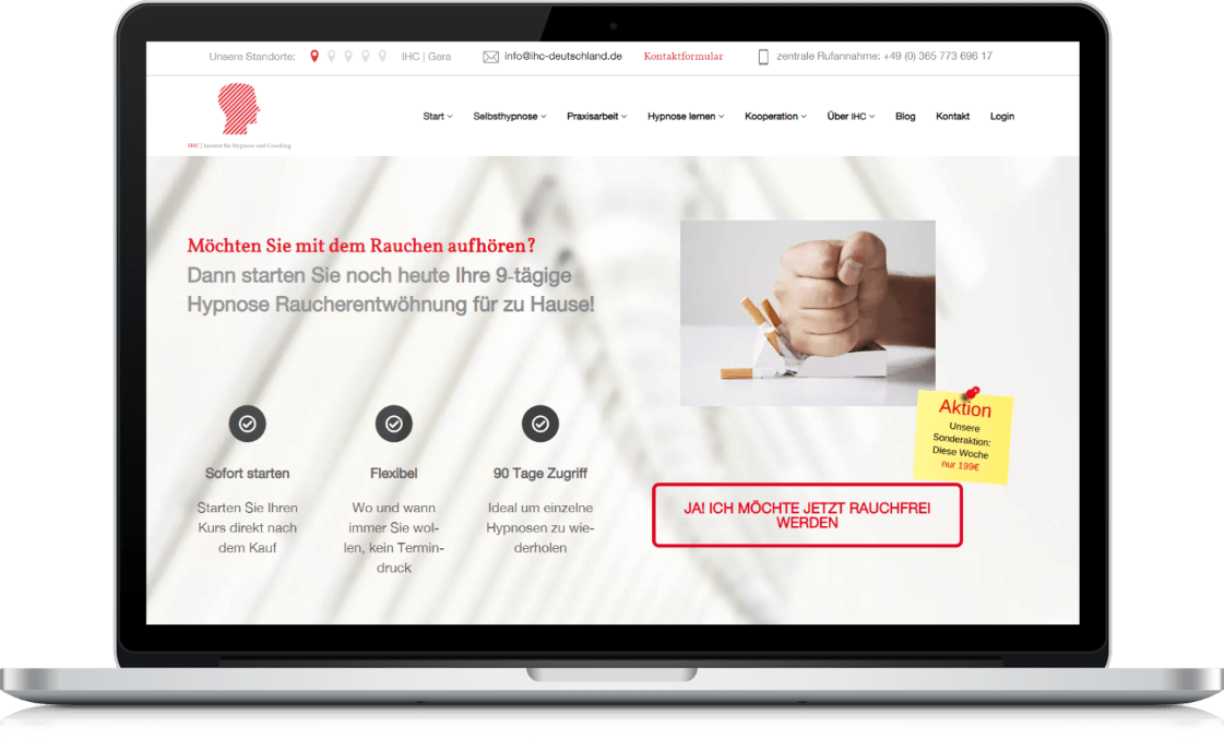 Screenshot IHC-Website mit Rauchentwöhnungs-Kurs, Aktion, Navigation, Laptop-Bildschirm