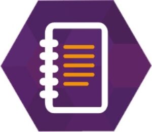 Hypnoseskripte Symbol mit Notizbuch und horizontalen Linien in Weiß und Orange auf violettem Hintergrund