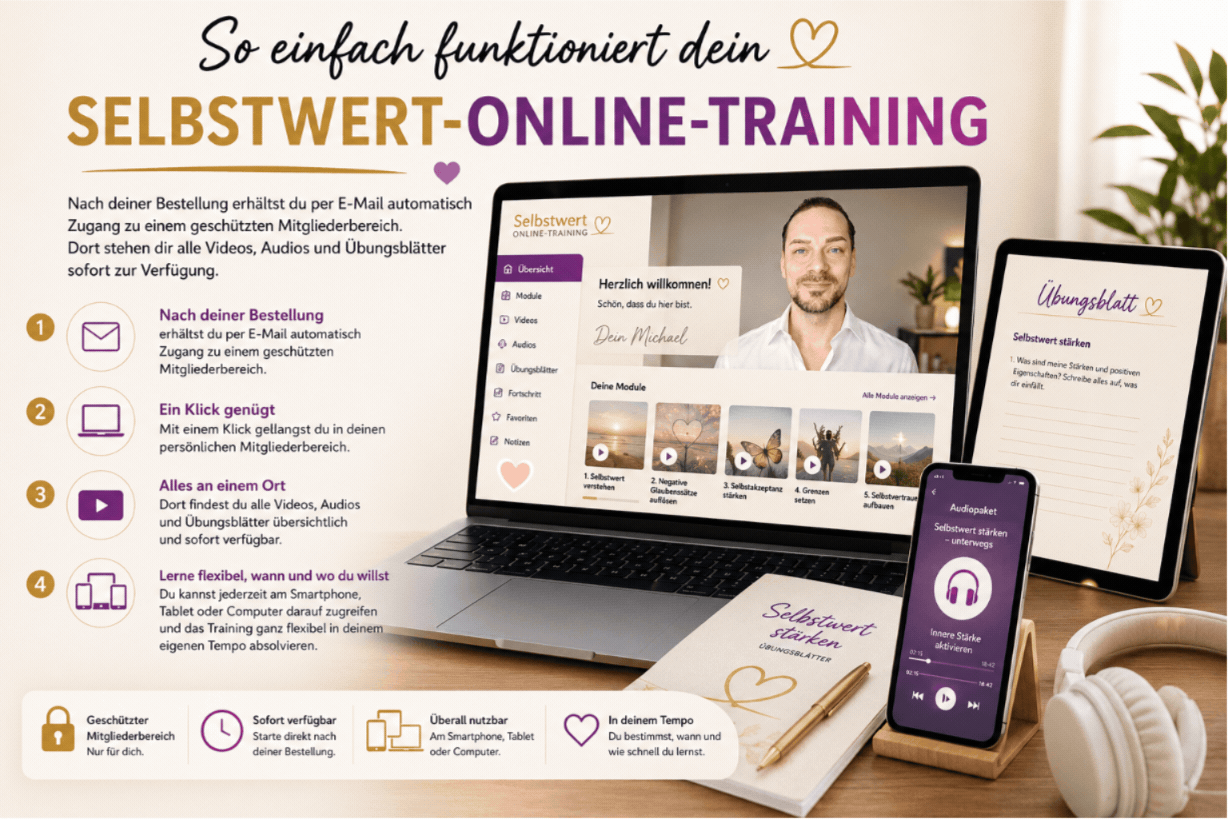 Laptop, Tablet und Smartphone mit Trainings-Interface und Michael Repkowsky