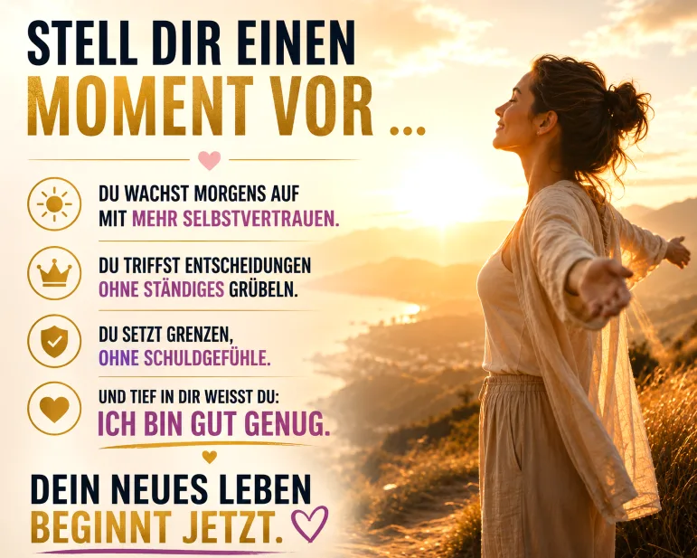 Frau mit ausgebreiteten Armen auf goldenem Feld im Sonnenuntergang