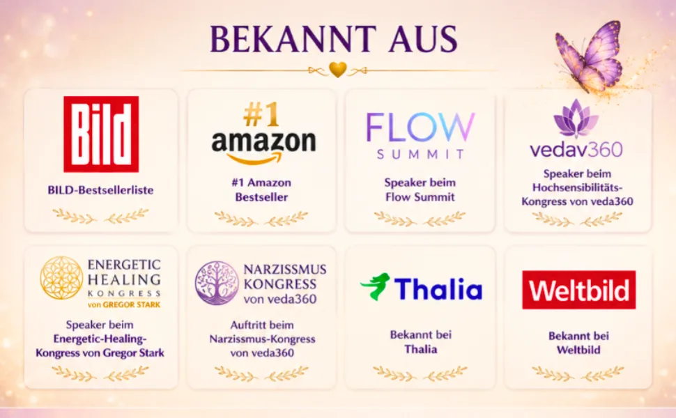 Logos von BILD, Amazon, Flow Summit, veda360 und weiteren Plattformen mit Schmetterling