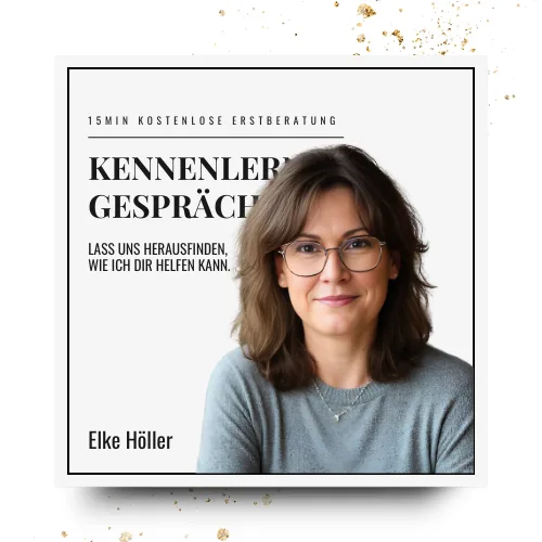 Quadratisches Grafik-Kachel mit Elke Höller und Text zu Kennenlern-Gespräch