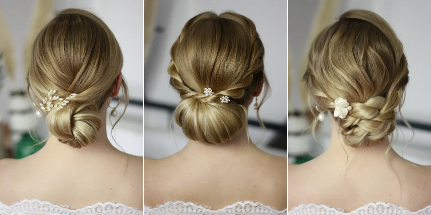 Drei Hochsteckfrisuren von hinten mit Haarschmuck, Videotraining Hochsteckfrisuren