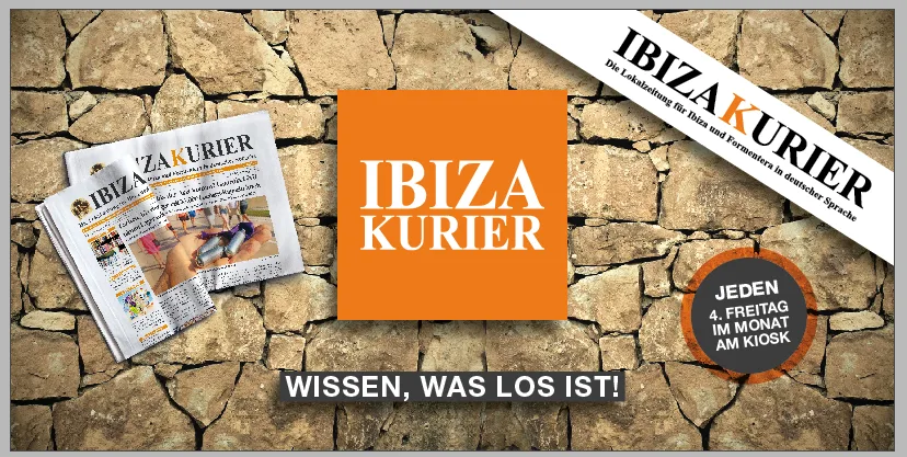 IBIZA KURIER Printausgabe auf Steinwand mit Werbeslogan und Kiosk-Hinweis