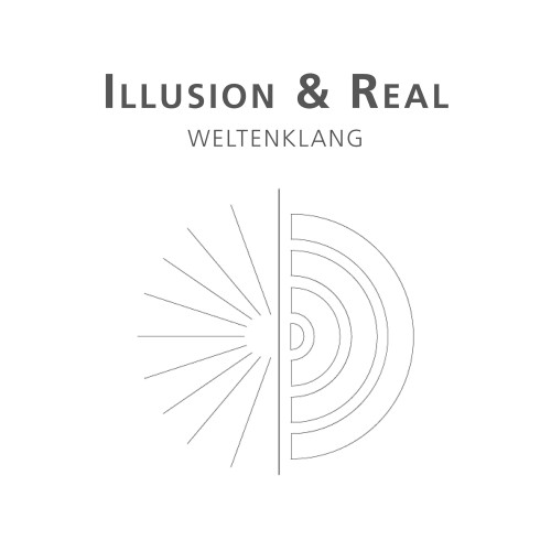 Logo Illusion & Real Weltenklang mit Text und Grafik aus Strahlen und Kreisen