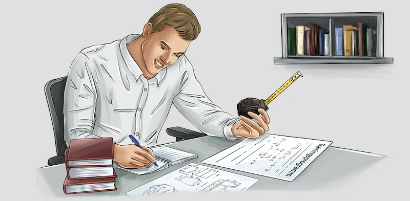 Immobilien Investor Masterkurs von Alex Düsseldorf Fischer 10 Illustration eines Mannes am Schreibtisch mit Plänen, Büchern und Werkzeugen
