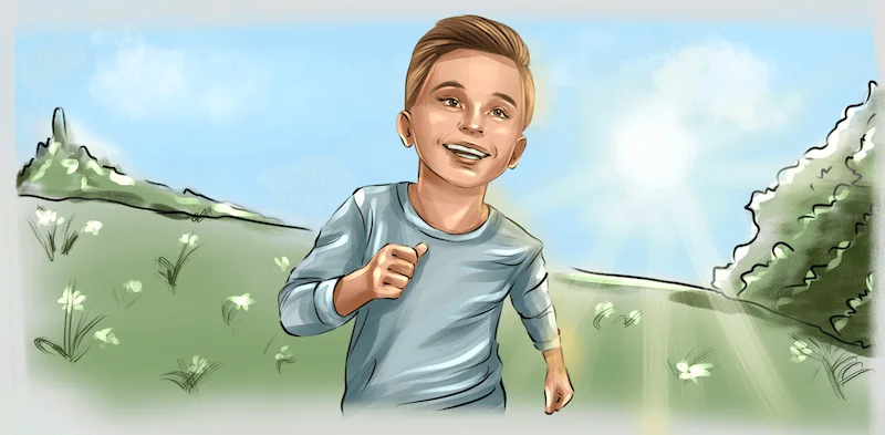 Illustration eines glücklichen Jungen, der auf einer grünen Wiese läuft, mit blauem Himmel und Hügeln im Hintergrund