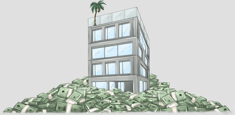 Illustration eines modernen Gebäudes auf einem Stapel von Geldscheinen – Konzept von Finanzaufbau und Vermögen