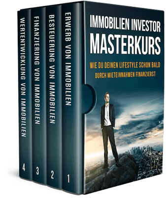Immobilien Investor Masterkurs Boxset mit vier Modulen, Mann in Anzug auf Berglandschaft, Videotraining Cover