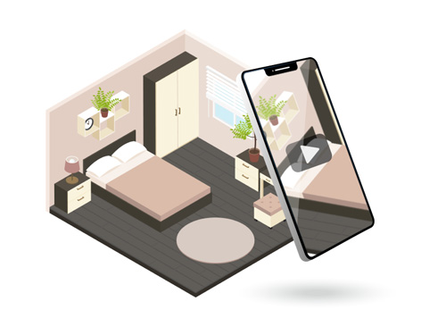 Illustration Smartphone zeigt Schlafzimmer-Aufnahme für Immobilienvideos