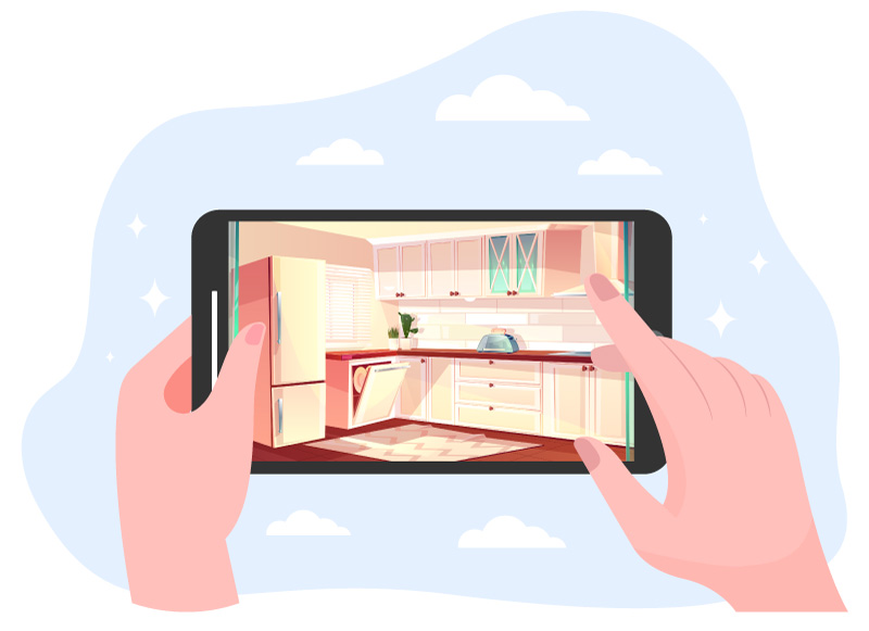 Illustration Hände halten Smartphone horizontal beim Filmen einer Küche