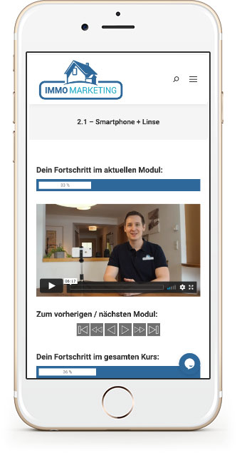 Screenshot Smartphone-Display zeigt Kurs-Modul 2.1 mit Video und Fortschrittsbalken
