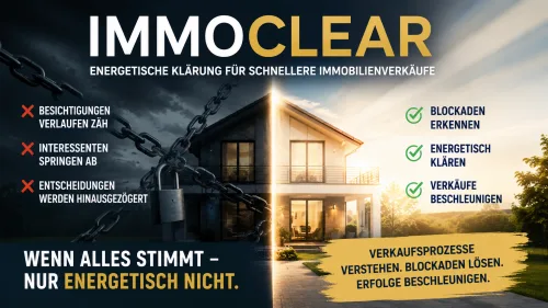 ImmoClear – Videokurs für Immobilienverkauf von Claudia Gorbach 1 ImmoClear Hero-Banner mit Split-View: links dunkles Haus mit roten Problemen, rechts helles Haus mit grünen Lösungen