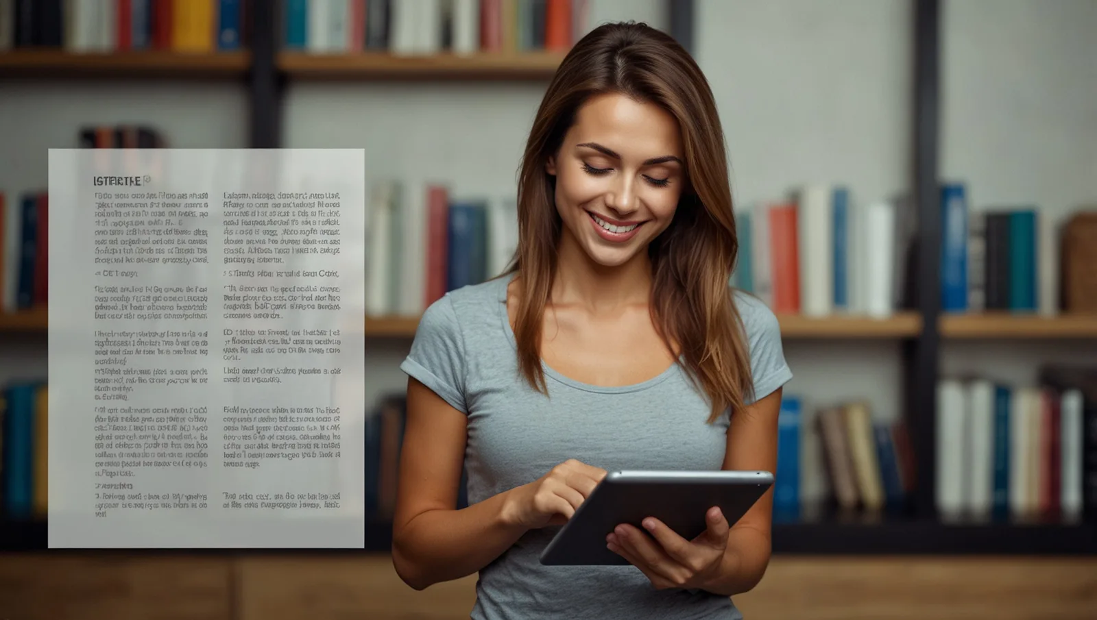Lächelnde junge Frau mit Tablet vor Bücherregal und Textbereich